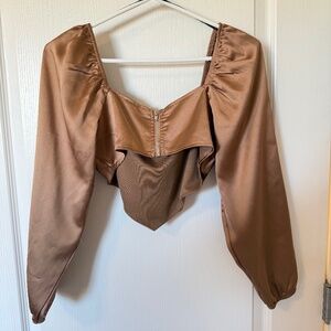 Forever 21 Rose Gold Silk Long Sleeve Crop Top